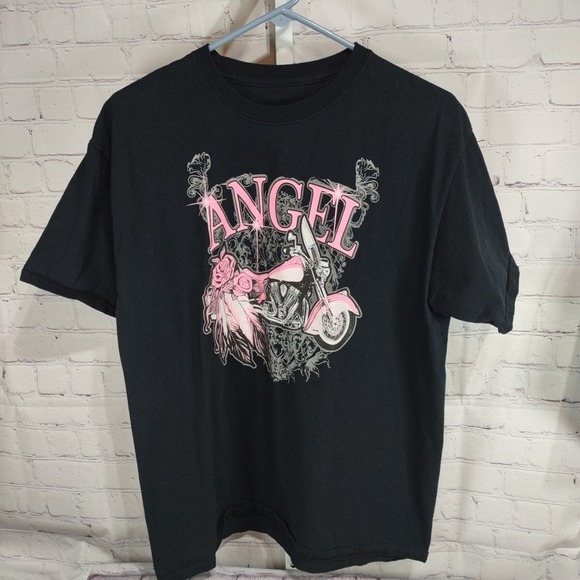 The Unbranded Brand Tops - Ladies Biker Black Tee Shirt with Pink Motorcycle Rose Word Angel Size Large